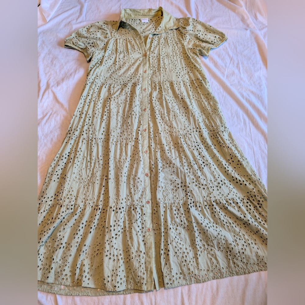 Romantic Cottagecore Eyelet Shortsleeve Buttondown Maxi Dress Size Large Sage